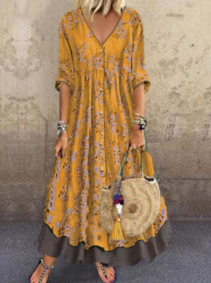 Damen Maxikleid im Boho‑Stil mit V‑Ausschnitt, durchgehender Knopfleiste und Stufenrock Shop Nory