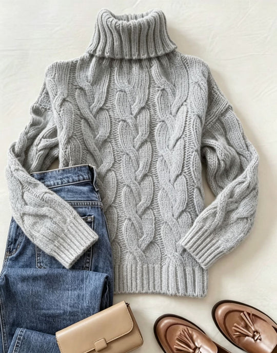 Damen Grobstrick-Rollkragenpullover mit markanten Zopfmustern und gerippten Bündchen Shop Nory