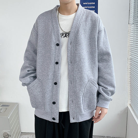 Herren oversized Strickcardigan mit V-Ausschnitt, aufgesetzten Rundtaschen und lässiger Drop-Shoulder-Silhouette Shop Nory