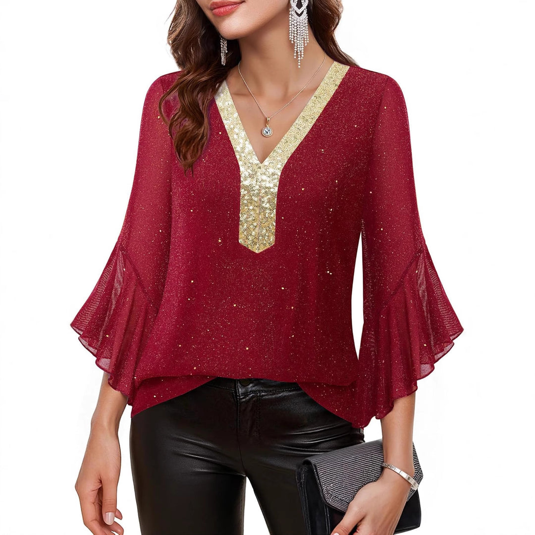 Damen Festliche Mesh-Bluse mit V-Ausschnitt, Paillettenbesatz und Volantärmeln Shop Nory