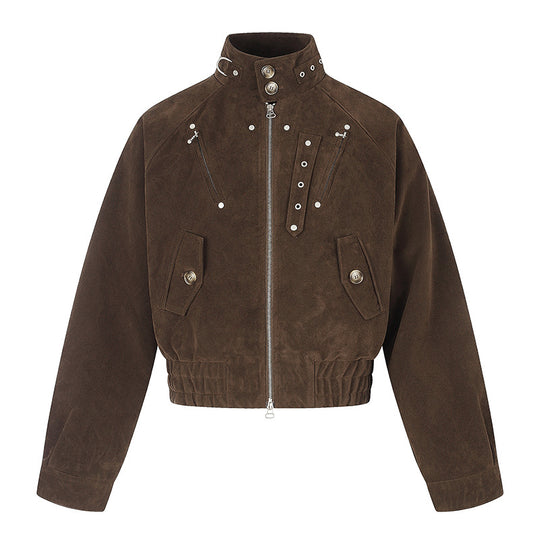 Damen kurze Wildleder‑Bomberjacke mit hohem Stehkragen und metallischen Details Shop Nory