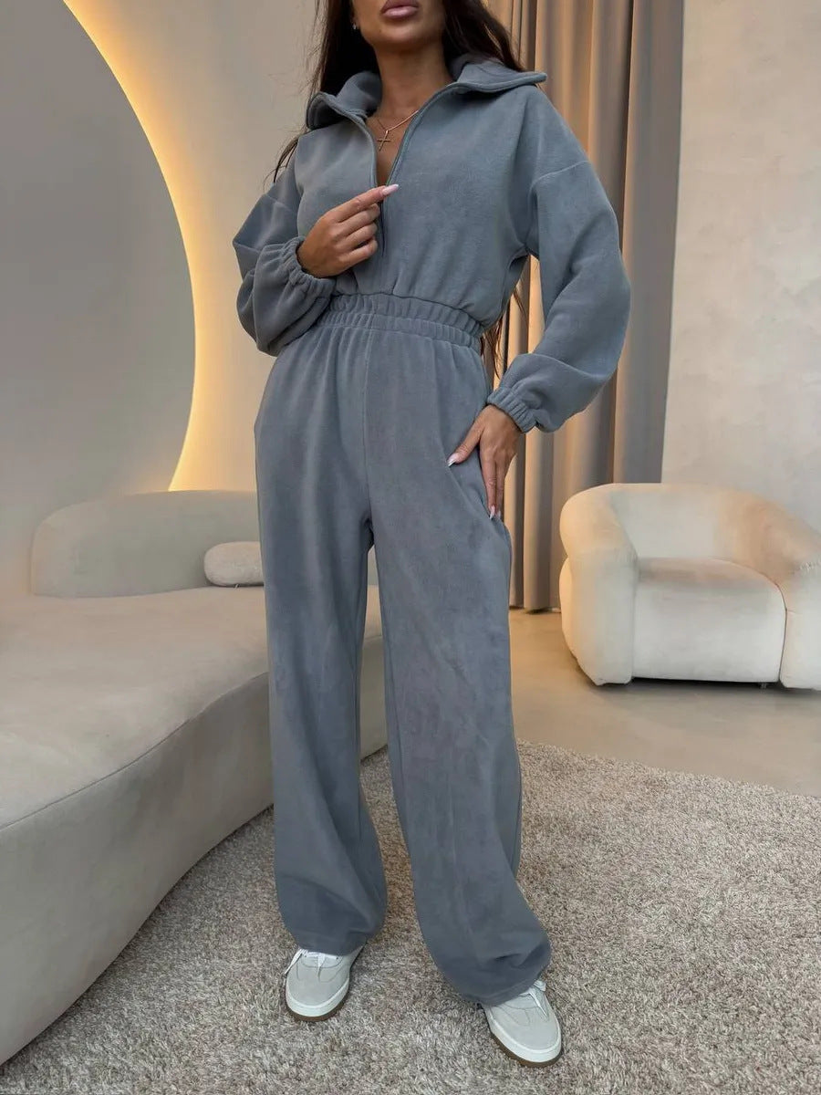 Damen Oversized Loungewear-Jumpsuit mit halbem Reißverschluss und elastischer Taillenraffung Shop Nory