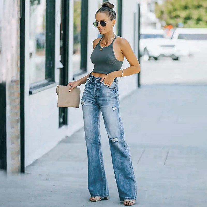 Damen Hochtaillierte weite Straight-Leg-Jeans mit Destroyed-Details Shop Nory