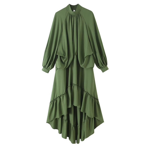 Damen Fließendes Maxikleid mit Ballonärmeln, Rüschendetails und Stehkragen Shop Nory