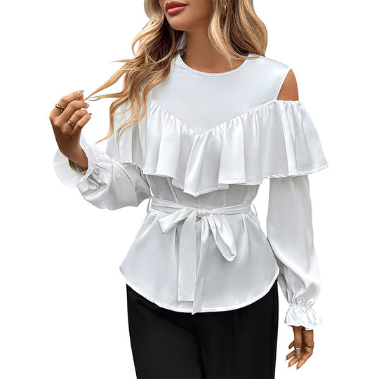 Damen Elegant-Volant-Bluse mit Cut-Out-Schulter und Bindegürtel Shop Nory