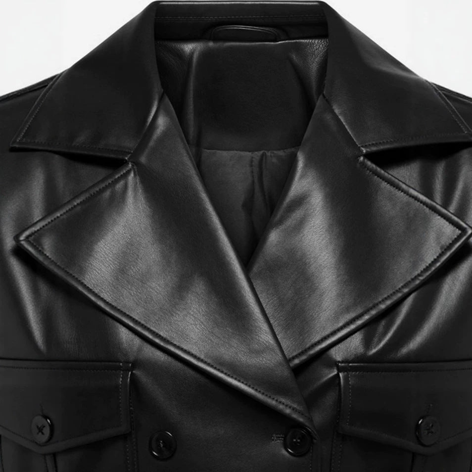 Damen kurz geschnittene Doppelreihige Lederjacke mit breitem Revers Shop Nory