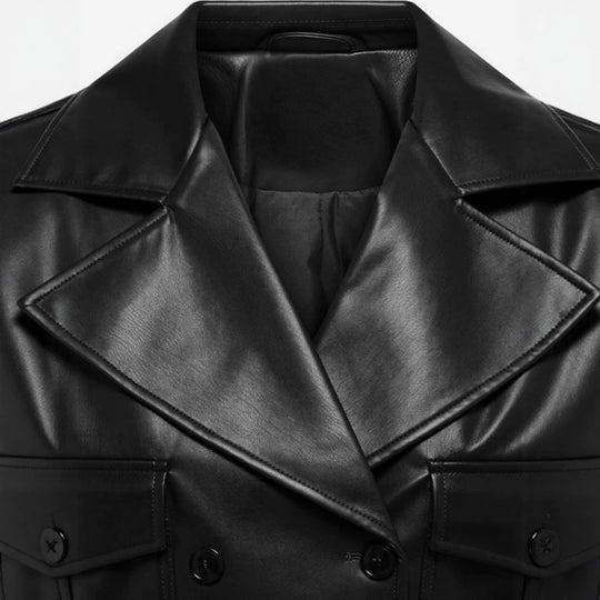 Damen kurz geschnittene Doppelreihige Lederjacke mit breitem Revers Shop Nory
