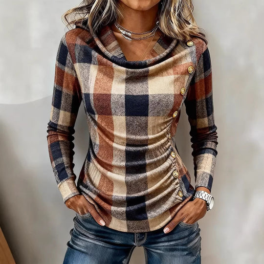 Damen Kariertes Langarm-Feinstrickshirt mit Wasserfallkragen und Zierknopfleiste Shop Nory