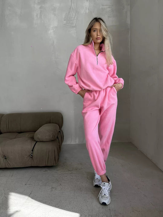 Damen lässiges Fleece-Jogginganzug Set mit Stehkragen und halbhohem Reißverschluss Shop Nory