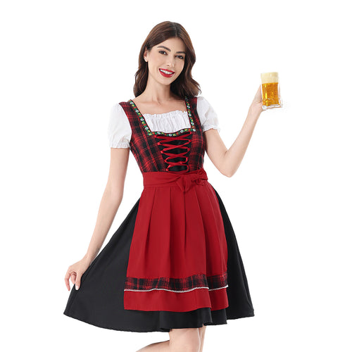 Damen nan traditionelles Dirndlkleid mit kariertem Mieder, Schnürung, Puffärmeln und Schürze Shop Nory