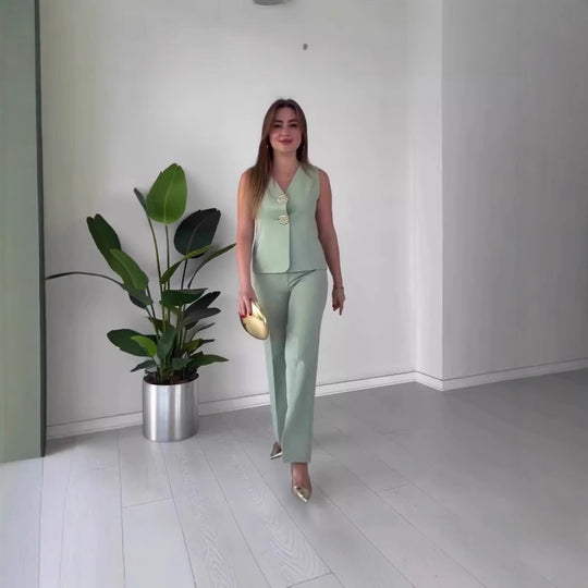 Damen Ärmelloses Tailoring-Set mit taillierter Weste, Zierknöpfen und weiter Palazzo-Hose Shop Nory