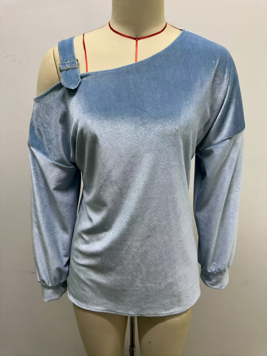Damen Samt-Sweatshirt mit asymmetrischem Carmen-Ausschnitt und Zierschnalle Shop Nory
