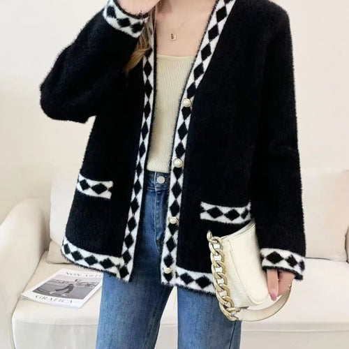 Damen Flauschige Strickjacke mit Dekorativem Muster Shop Nory