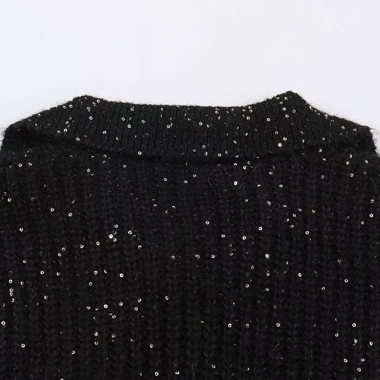 Damen Grobgestrickter Pullover mit weitem Reverskragen und Paillettenbesatz Shop Nory