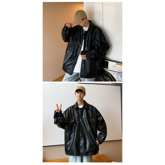 Herren Oversized PU-Leder-Shacket mit Pattentaschen und elastischen Bündchen Shop Nory