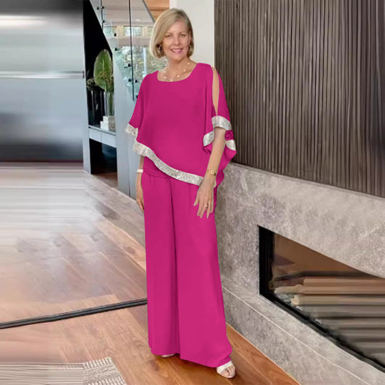 Damen elegantes Zweiteiler-Outfit mit luftiger Bluse und weitem Hosenstil Shopnory