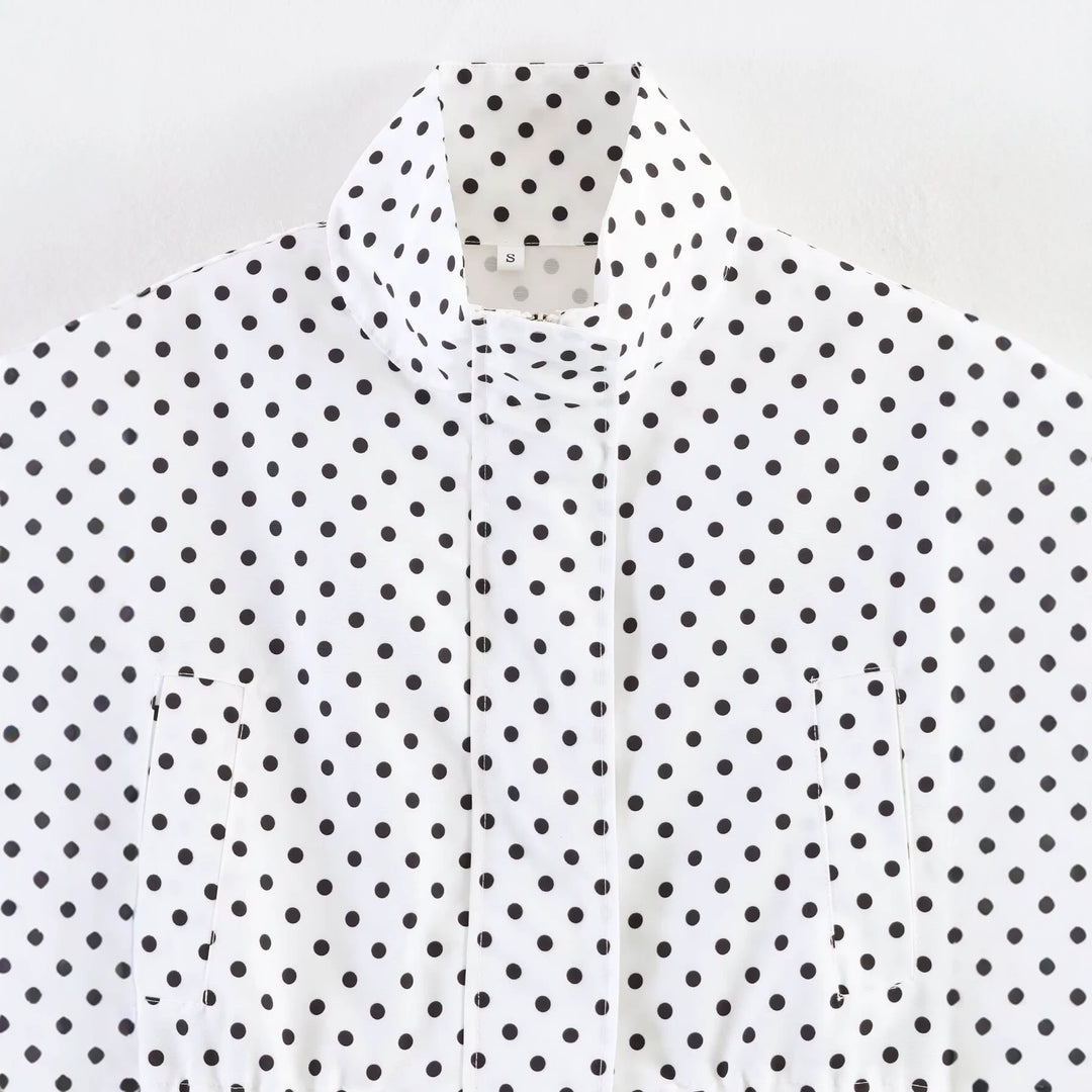 Damen Gekürzte gepunktete Übergangsjacke mit Stehkragen und Taillenraffung Shop Nory