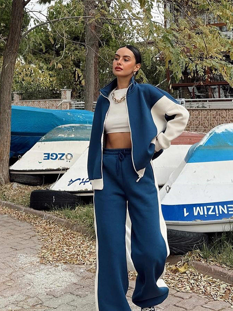 Damen sportliches Set mit hochgeschlossenem Kragen und weitem Hosenbein Shopnory