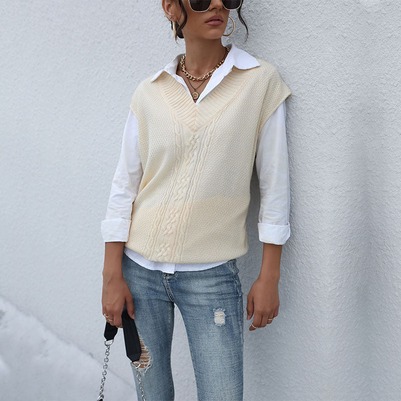 Damen Langer Strickpullunder mit Zopfmuster und V‑Ausschnitt Shop Nory