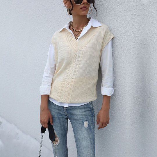 Damen Langer Strickpullunder mit Zopfmuster und V‑Ausschnitt Shop Nory