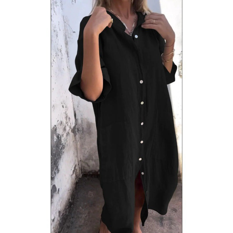 Lässiges Baumwoll-Leinen Shirtkleid mit Dreiviertelärmeln