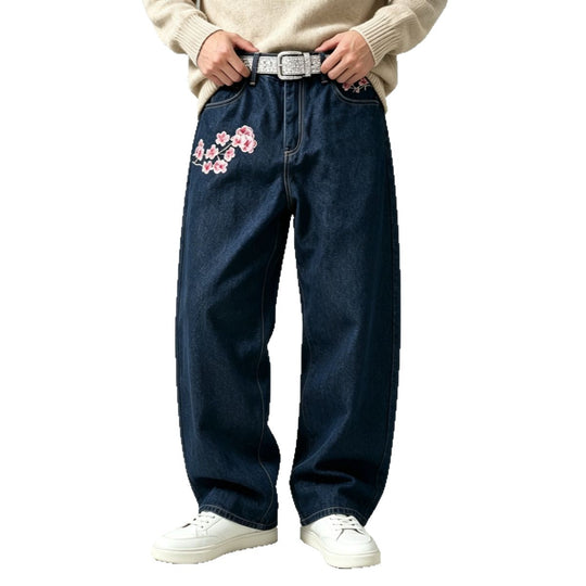 Herren Modische Weit geschnittene Denim-Hose mit Blumenstickerei Shop Nory