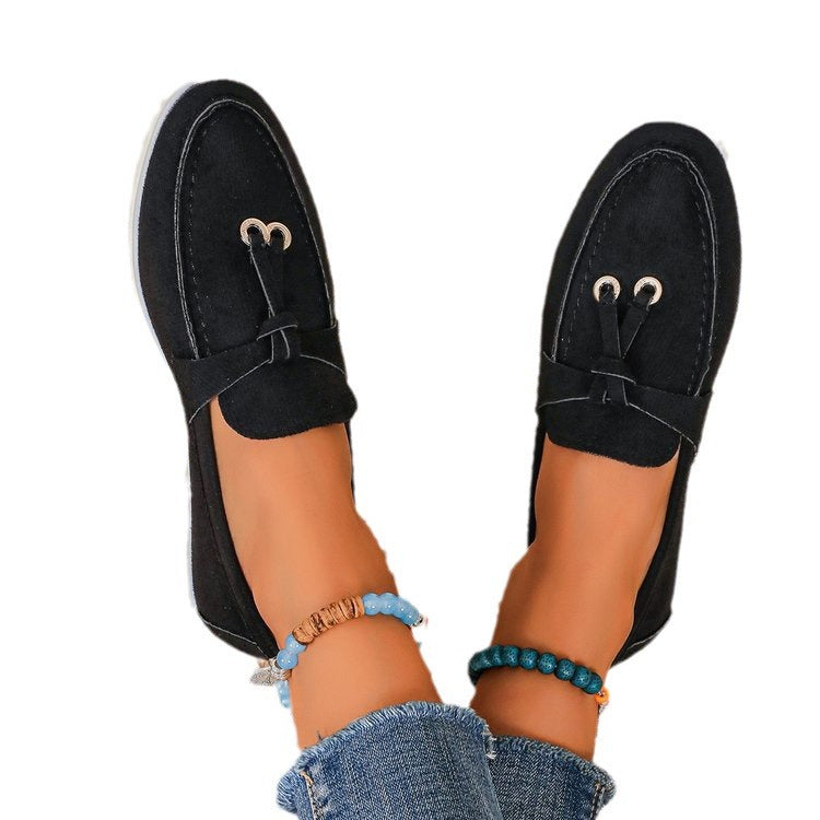 Damen Slipper-Loafer aus Velourslederoptik mit dekorativem Knotenriemen und leicht profilierter Gummisohle Shop Nory