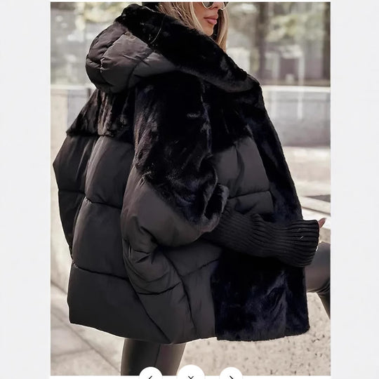 Damen nan oversized gesteppte Winterjacke mit Kunstfellpanelen, Kapuze und integrierten Rippenärmel-Details Shop Nory
