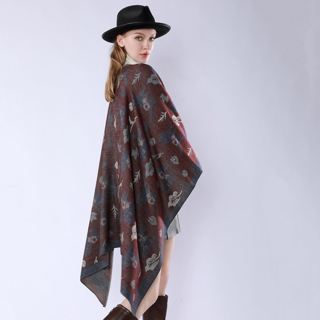 Damen Oversized Ruana im Jacquard mit Katzen- & Blumenmotiv Shop Nory