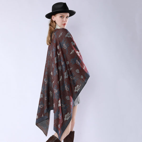Damen Oversized Ruana im Jacquard mit Katzen- & Blumenmotiv Shop Nory