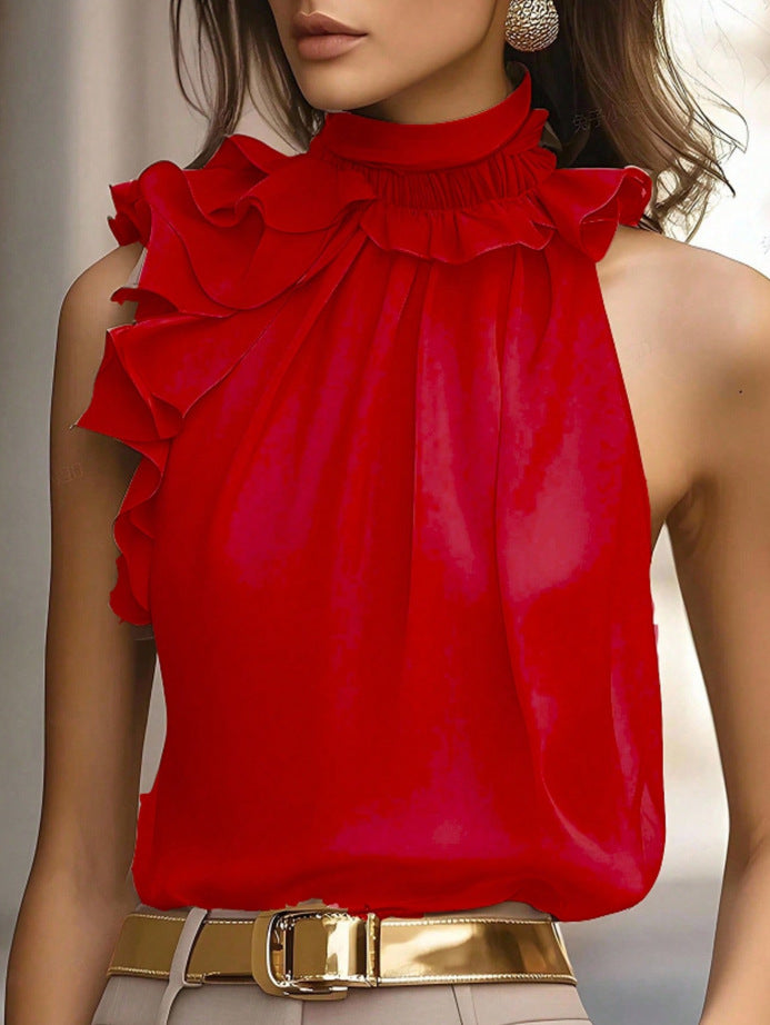 Damen Hochgeschlossenes Chiffon-Top mit Rüschenkragen und asymmetrischem Volant Shop Nory
