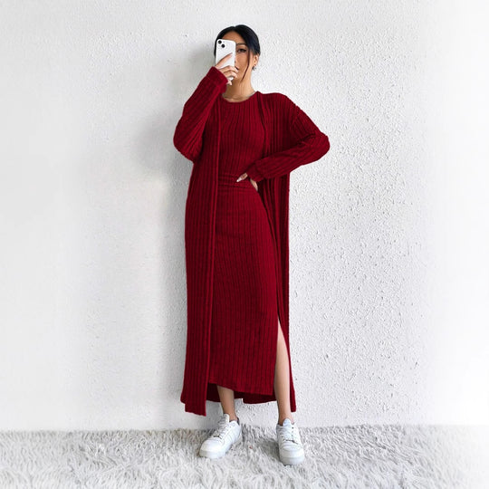 Damen geripptes Midikleid mit figurformendem Bustieroberteil hohem Seitenschlitz und passendem Longcardigan aus Feinstrick Shop Nory