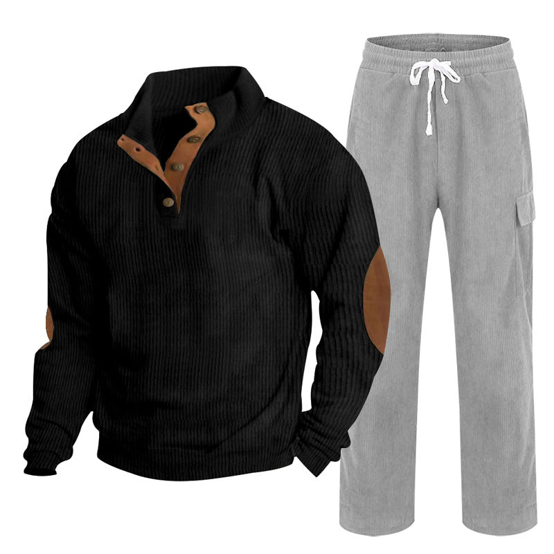 Herren Gemütliches Freizeit-Set aus Waffelstrick-Henley mit Ellenbogenpatch und Relax-Cargo-Hose Shop Nory