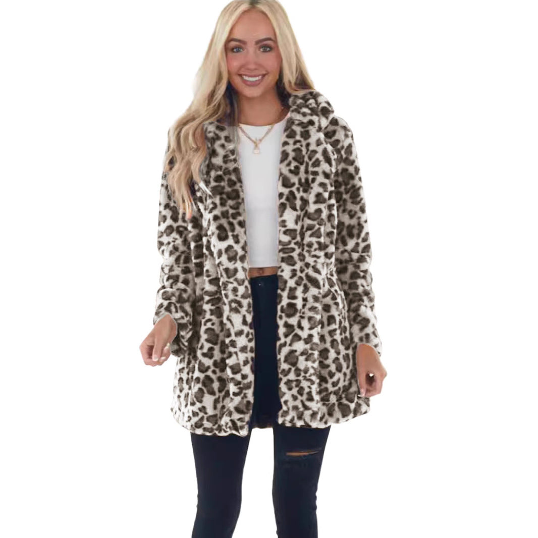 Damen Kunstfell Leopardenmuster Kapuzen Plüsch Mid-Length Mantel Shop Nory