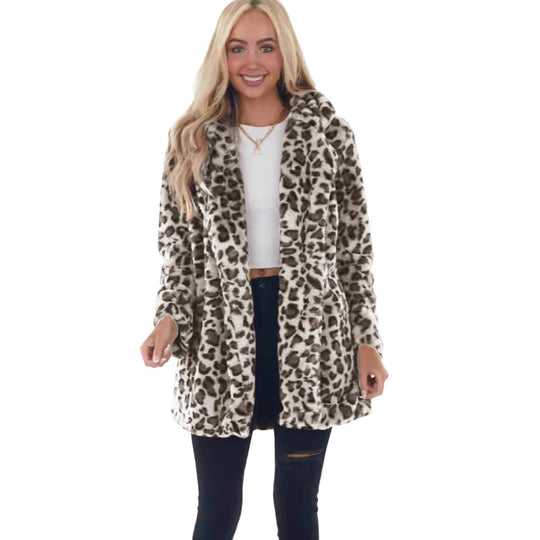 Damen Kunstfell Leopardenmuster Kapuzen Plüsch Mid-Length Mantel Shop Nory