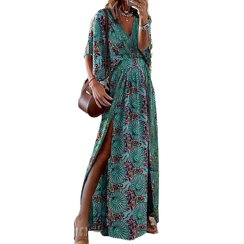 Damen Maxikleid im Boho-Stil mit Wickeleffekt, V-Ausschnitt und hohem Beinschlitz Shop Nory