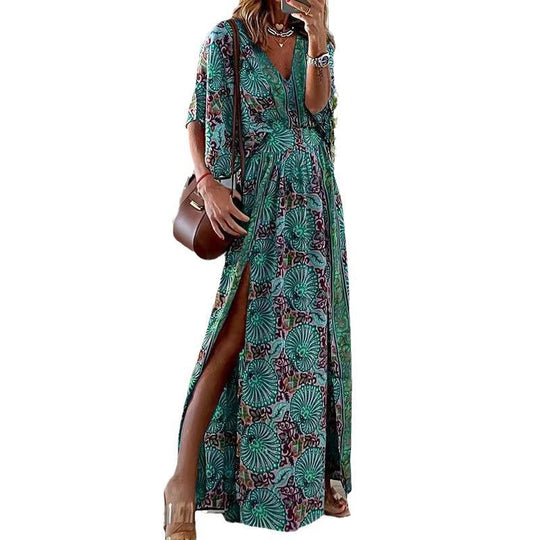 Damen Maxikleid im Boho-Stil mit Wickeleffekt, V-Ausschnitt und hohem Beinschlitz Shop Nory