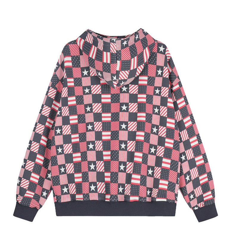 Damen Zip-Kapuzenjacke mit Allover-Patchwork-Sternen- und Streifenmuster Shop Nory