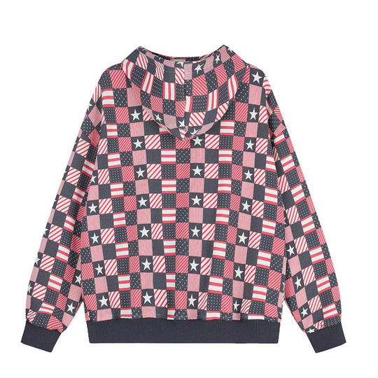 Damen Zip-Kapuzenjacke mit Allover-Patchwork-Sternen- und Streifenmuster Shop Nory