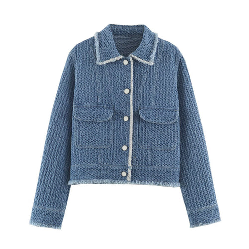 Damen strukturierte Kurzjacke aus Bouclé-Denim mit Fransensaum Shop Nory