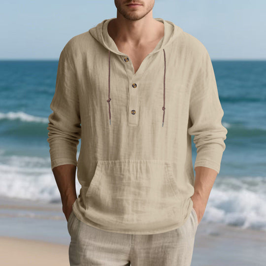 Herren Leichter Kapuzen-Henley aus Baumwoll-Leinen mit Kängurutasche Shop Nory