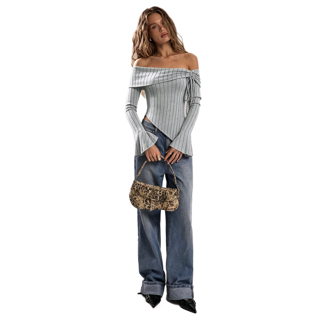 Damen schulterfreies geripptes Strick-Top mit asymmetrischem Zipfelsaum und Schnürdetail Shop Nory