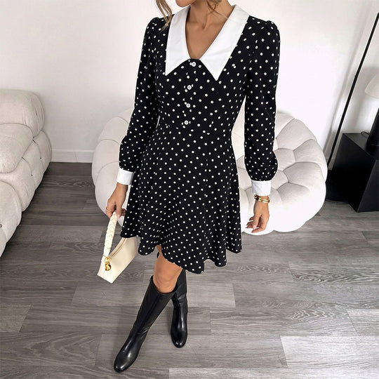 Damen Tailliertes A-Linien Minikleid mit Polka‑Dot, spitzem Kontrastkragen und Manschetten Shop Nory