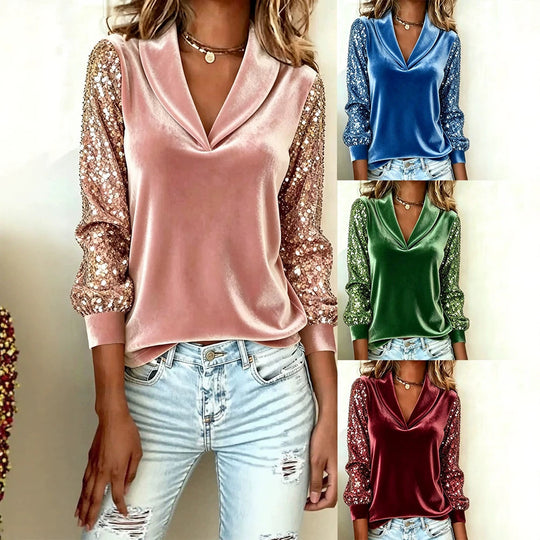 Damen Elegante Samtbluse mit Schalkragen, Paillettenärmeln und Ballonärmeln Shop Nory
