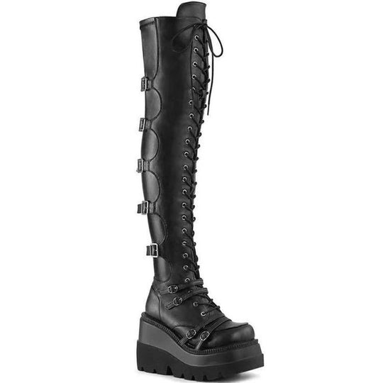 Damen Overknee-Boots im Biker-Stil mit durchgehender Schnürung, Seitenreißverschluss und klobiger Plateausohle Shop Nory