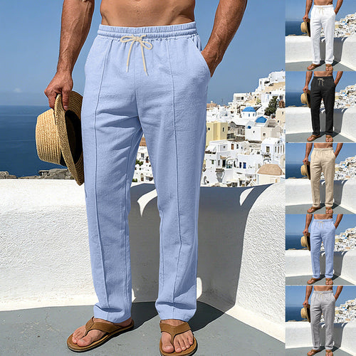 Herren nan sommerliche Chinohose in Leinenoptik mit elastischem Tunnelzugbund, dekorativer Mittelnaht und geradem Bein Shopnory
