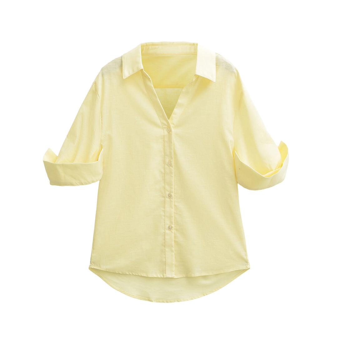 Damen Leichte Oversize Leinenoptik-Bluse mit Kentkragen und krempelbaren Ärmeln Shop Nory