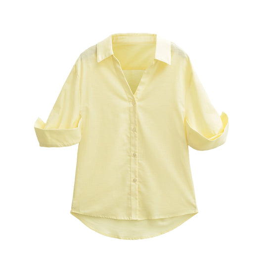 Damen Leichte Oversize Leinenoptik-Bluse mit Kentkragen und krempelbaren Ärmeln Shop Nory