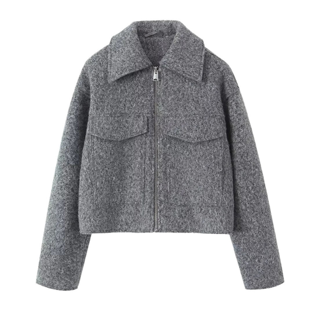 Damen Kurzjacke aus Bouclé-Wollmix mit Reißverschluss, Hemdkragen und Brustpattentaschen Shop Nory