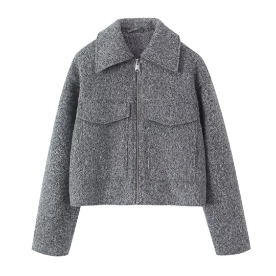 Damen Kurzjacke aus Bouclé-Wollmix mit Reißverschluss, Hemdkragen und Brustpattentaschen Shop Nory